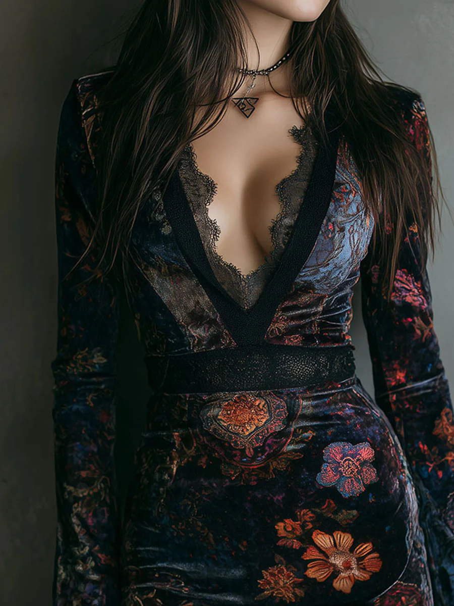 Blomsterprint V-hals Fløjlskant Trim Slim-fit mini-kjole